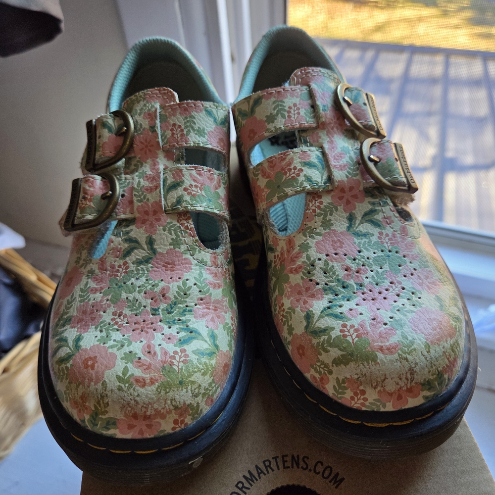 Dr. Martens Pink and Green Floral Buckle Shoes - Picture 2 of 4